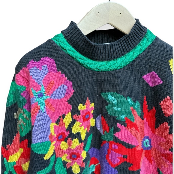 Vintage Jack B. Quick Floral Mock Neck Cotton Sweater, Size M, Black Multi - Picture 5 of 13